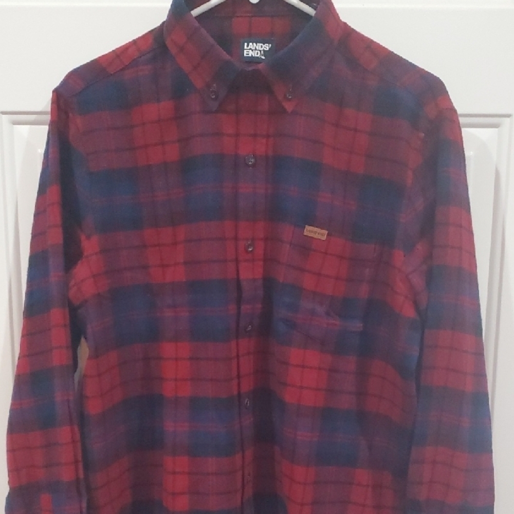 Lands' End Men's Flannel Blue and Red Plaid Button Down Shirt